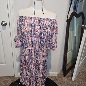 New Look Tribal Print Off-Shoulder Mini Dress L Flounce Sleeve Boho Chic